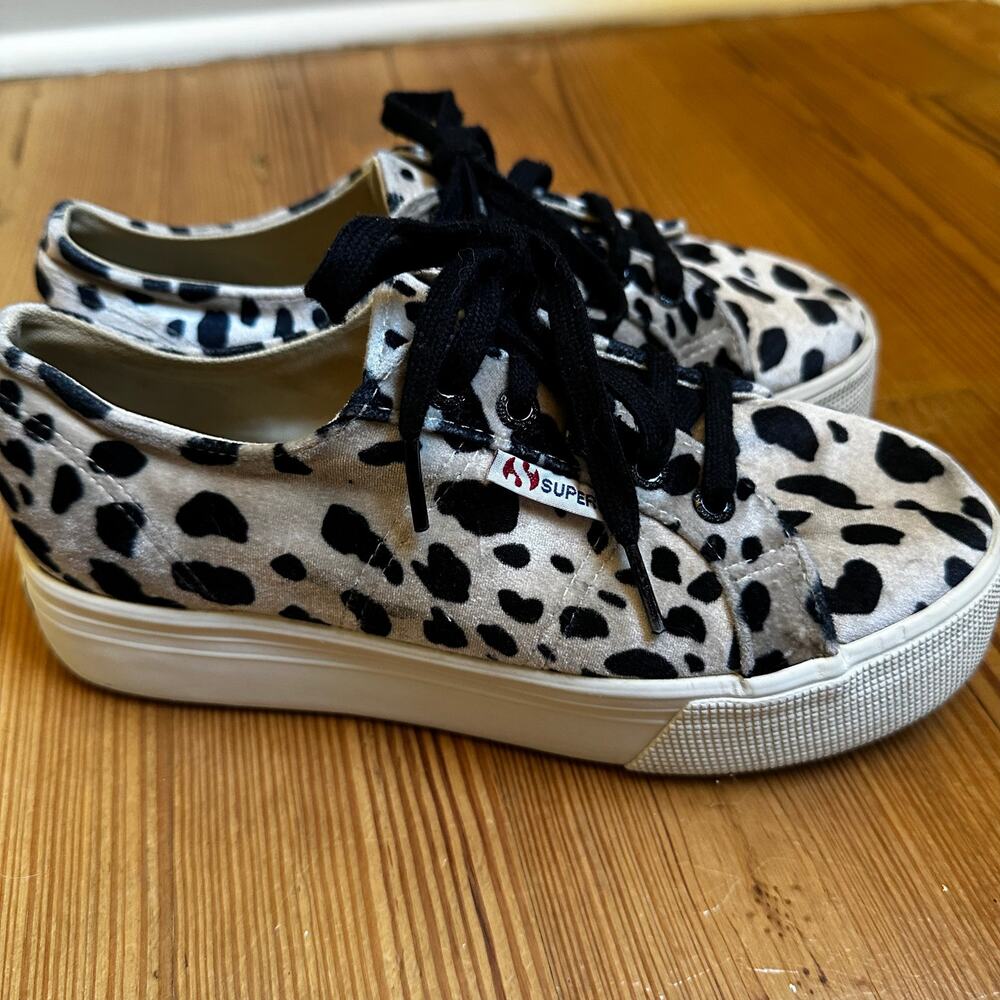 Superga cream black cheetah print velvet platform lace low top sneakers SIZE 7‎